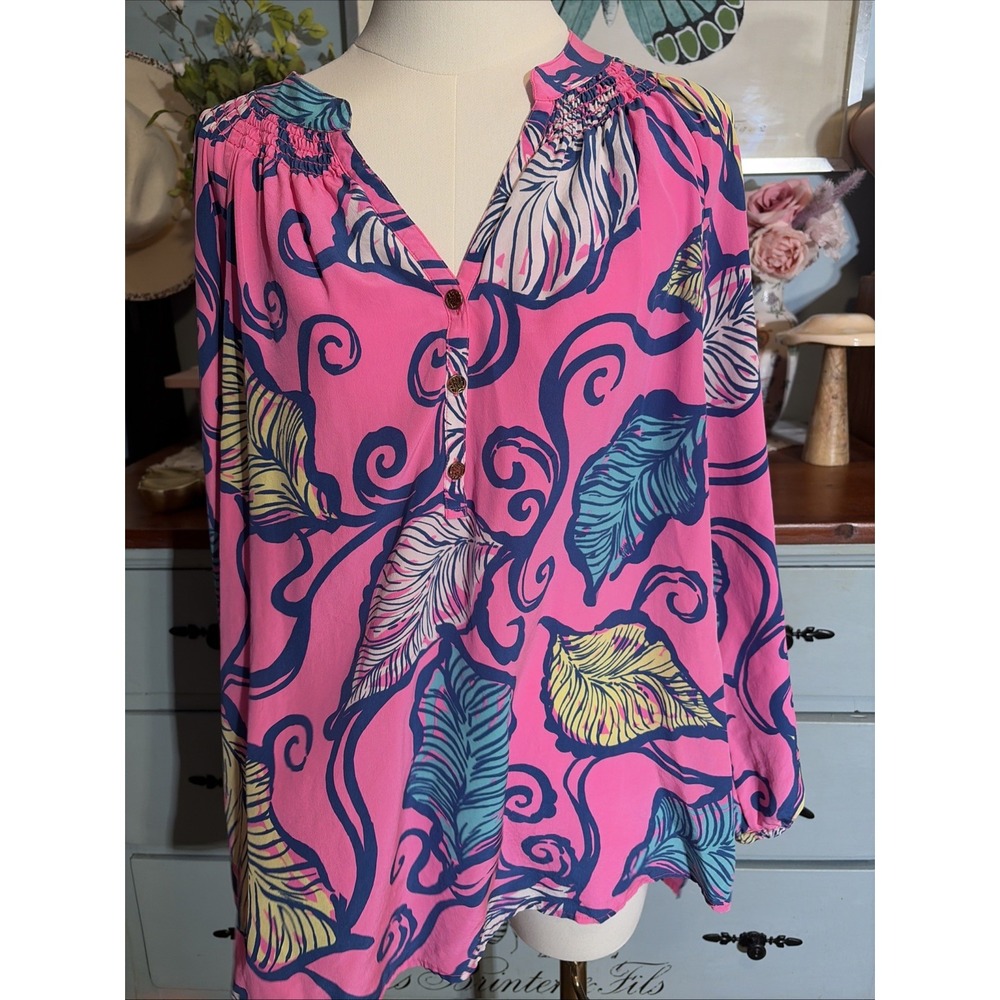 Lilly Pulitzer Elsa 100% Silk Top Leaves In The Breeze Woman's Size XL